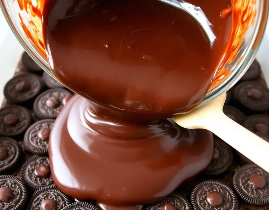 Fudgy brownie batter being poured over Oreos in a baking pan.