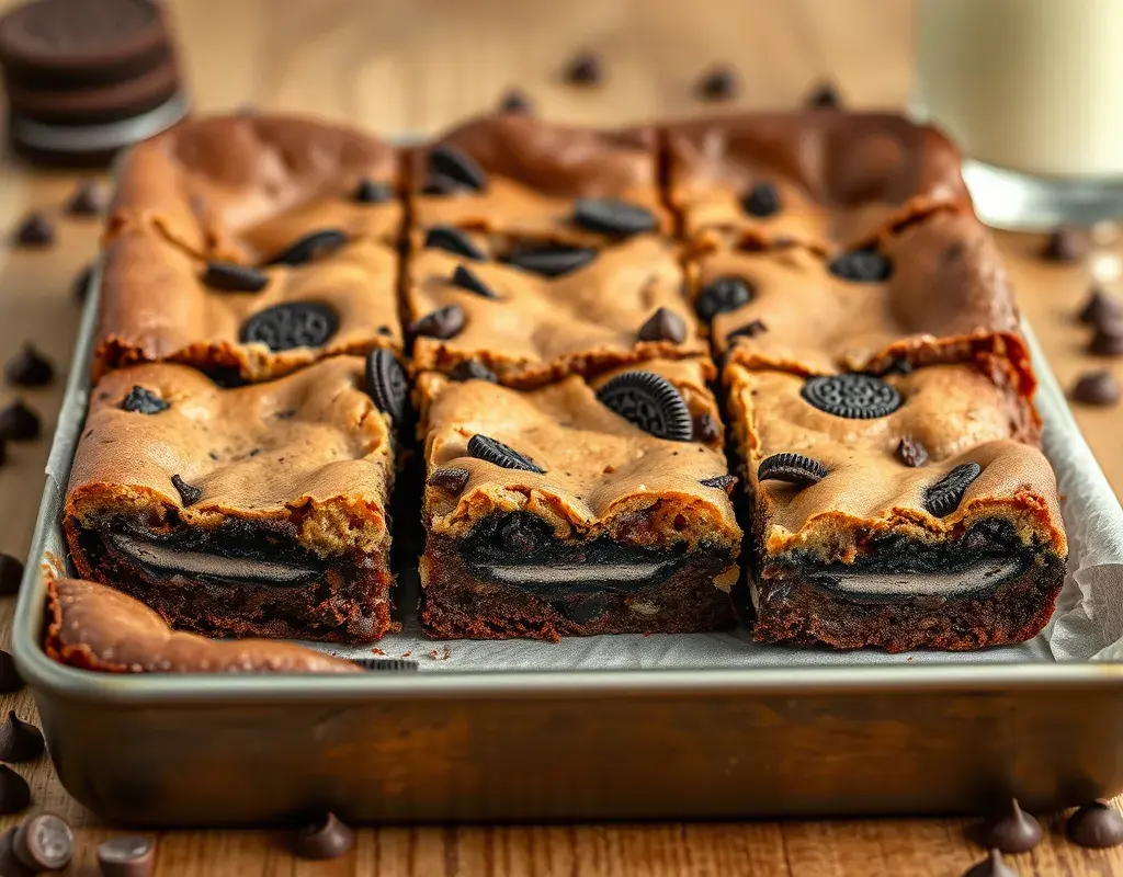 Slutty brownies with layers of cookie dough, Oreo cookies, and fudgy brownie.