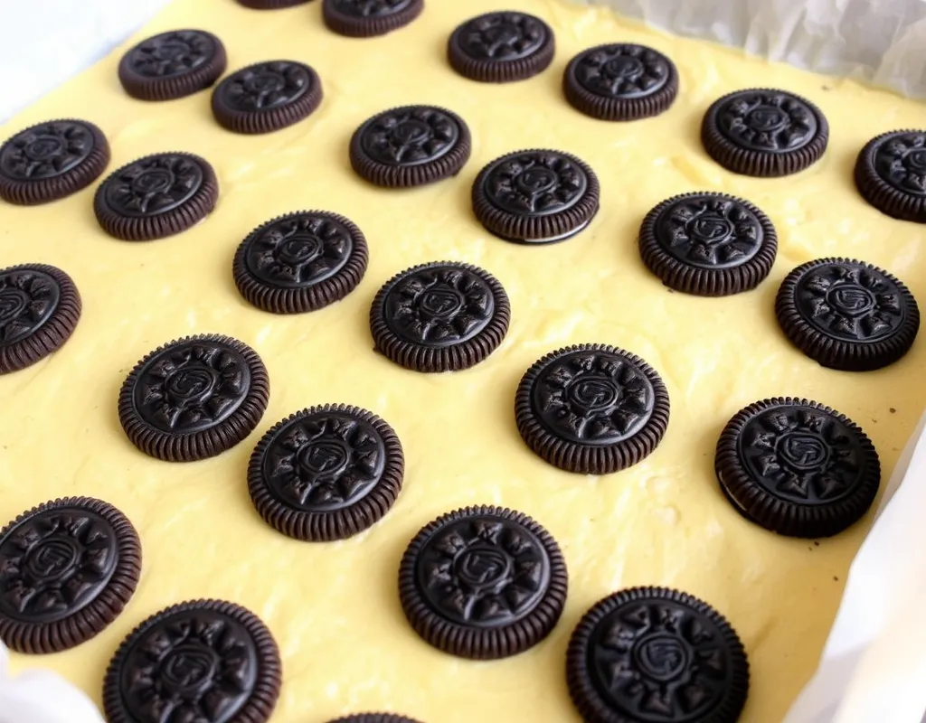 Cookie dough topped with Oreo cookies in a baking pan for slutty brownie recipe