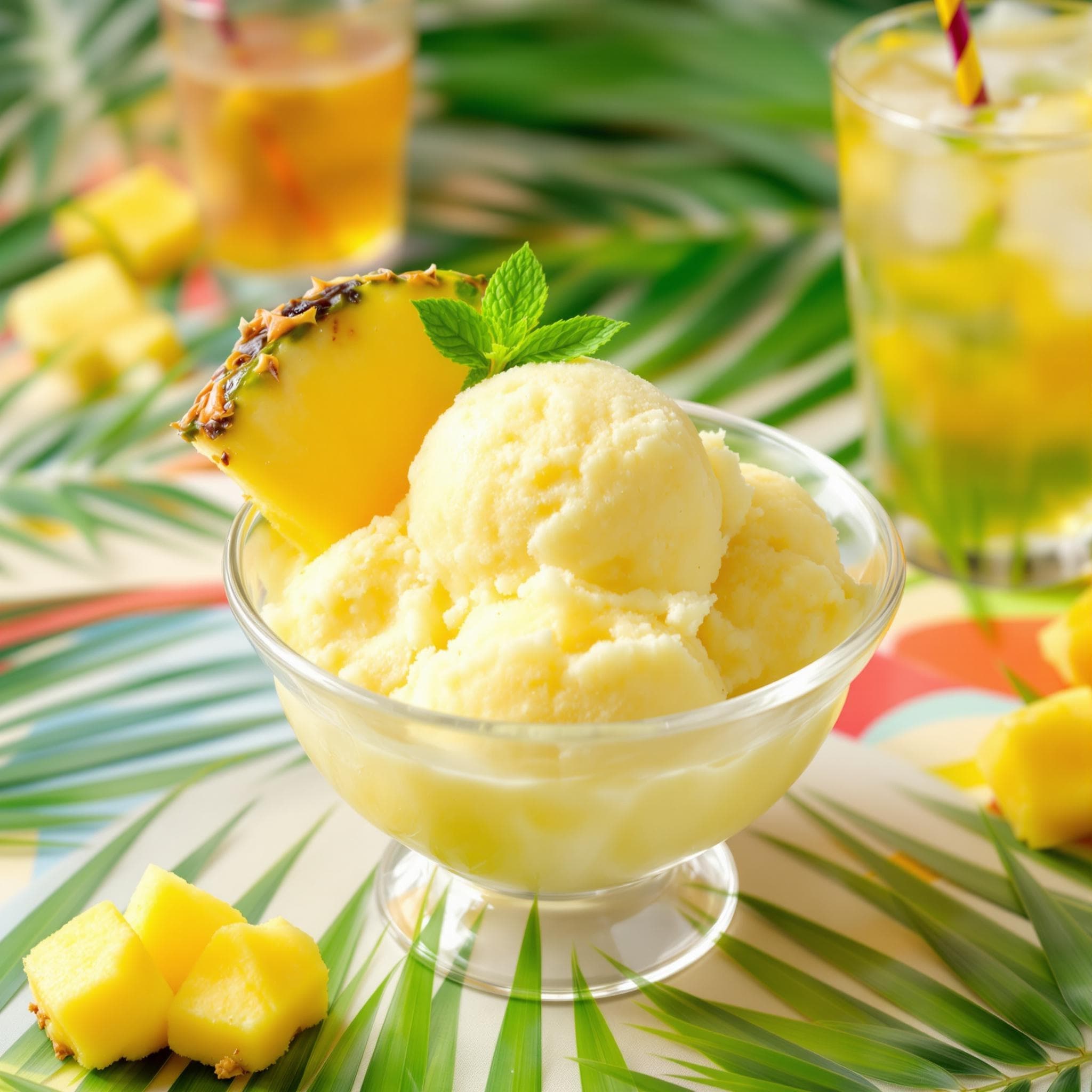 Pineapple sherbet garnished with a pineapple wedge and mint on a tropical table.