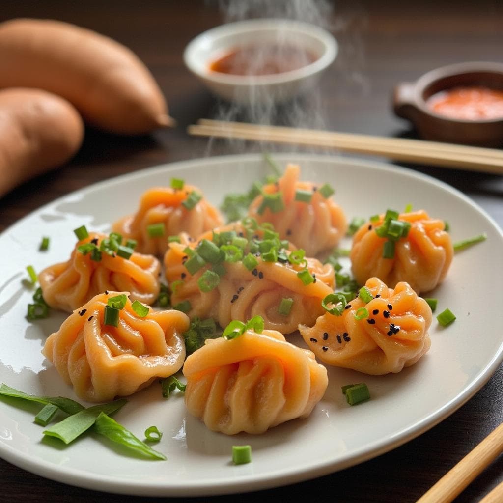 Plate of steaming sweet potato dumplings with dipping sauces and garnishes.