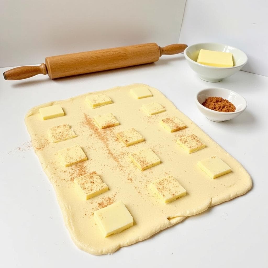 Laminated dough sprinkled with cinnamon sugar on a countertop.