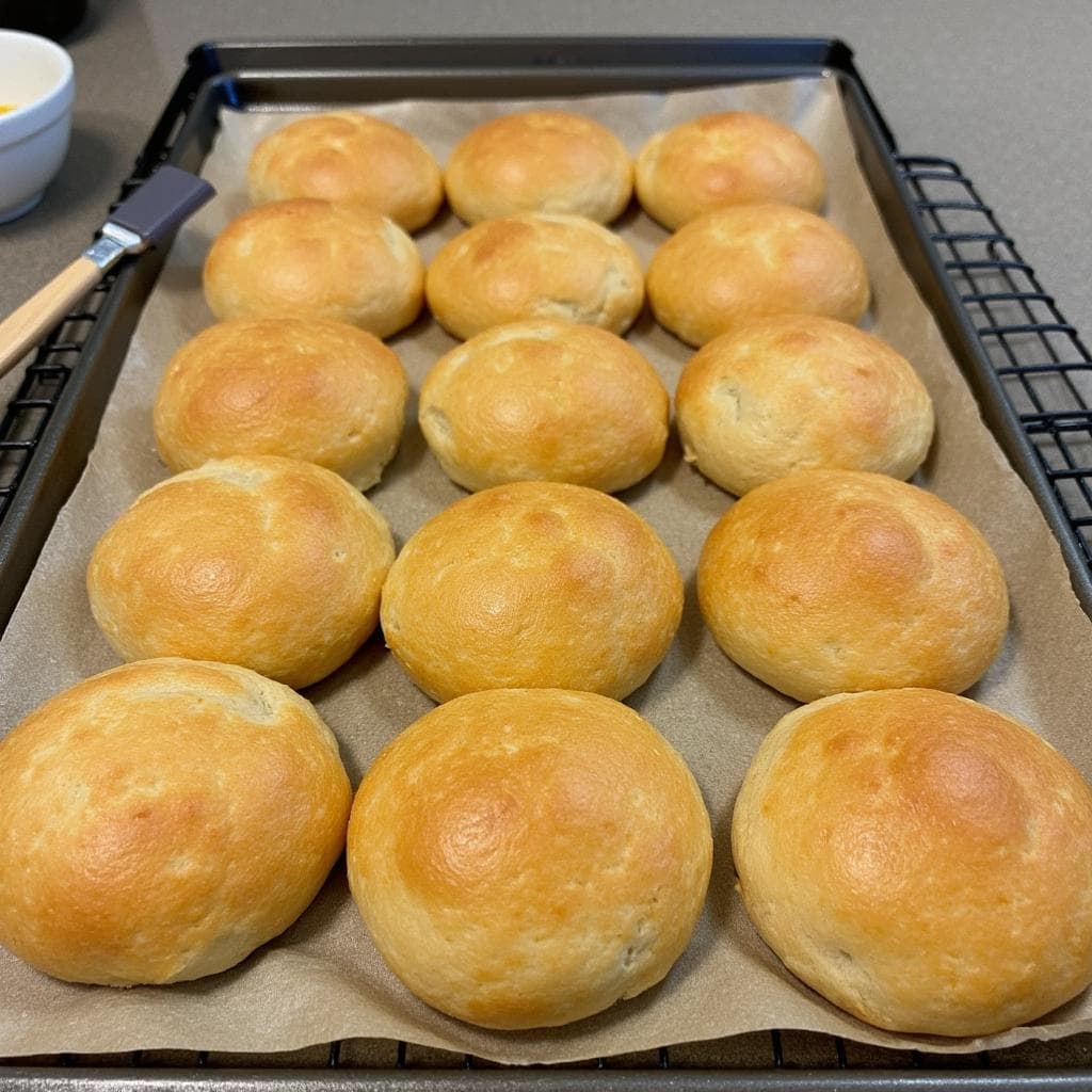 Freshly baked gipfeli on a parchment-lined tray