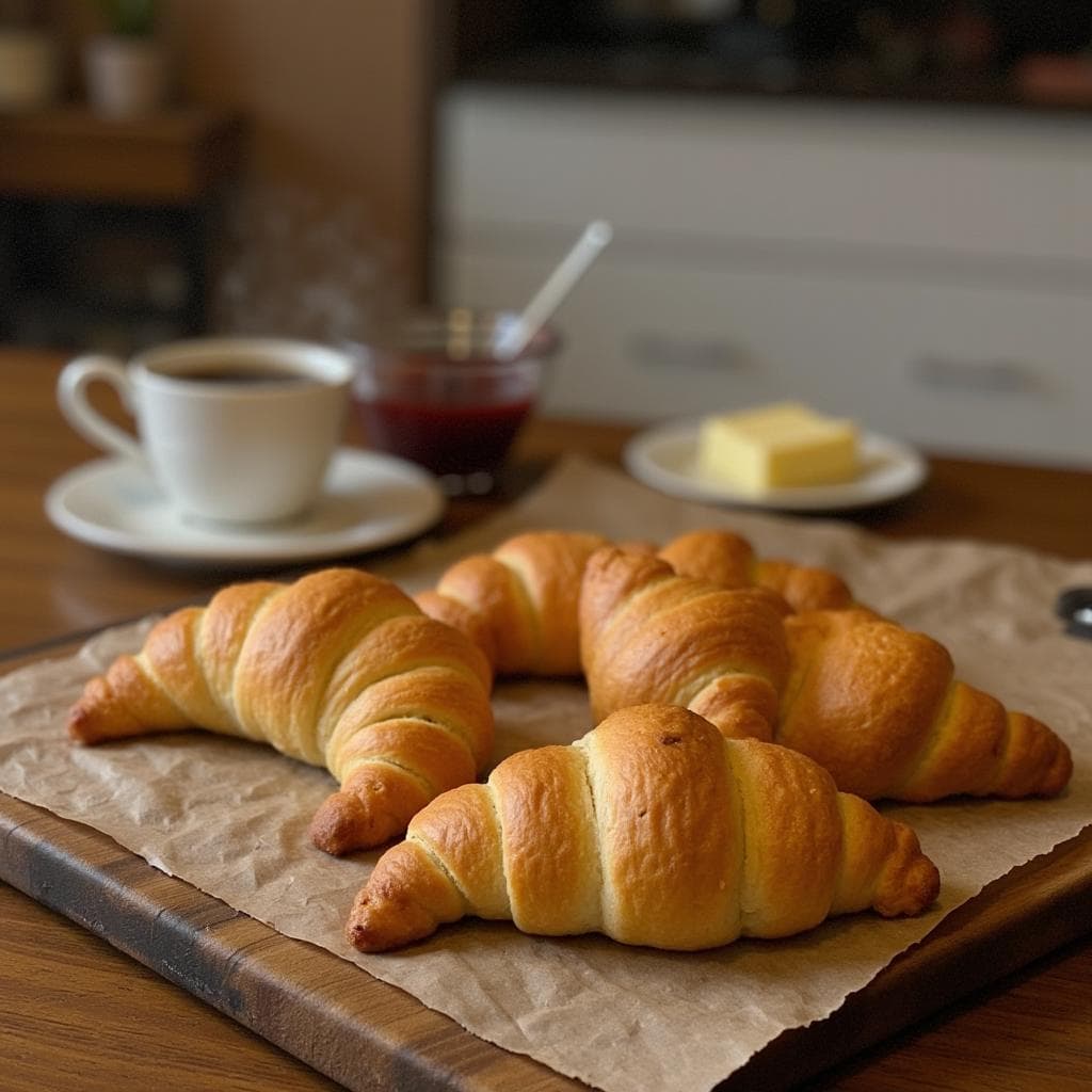 Tray of freshly baked Swiss gipfeli recipe with jam and coffee.