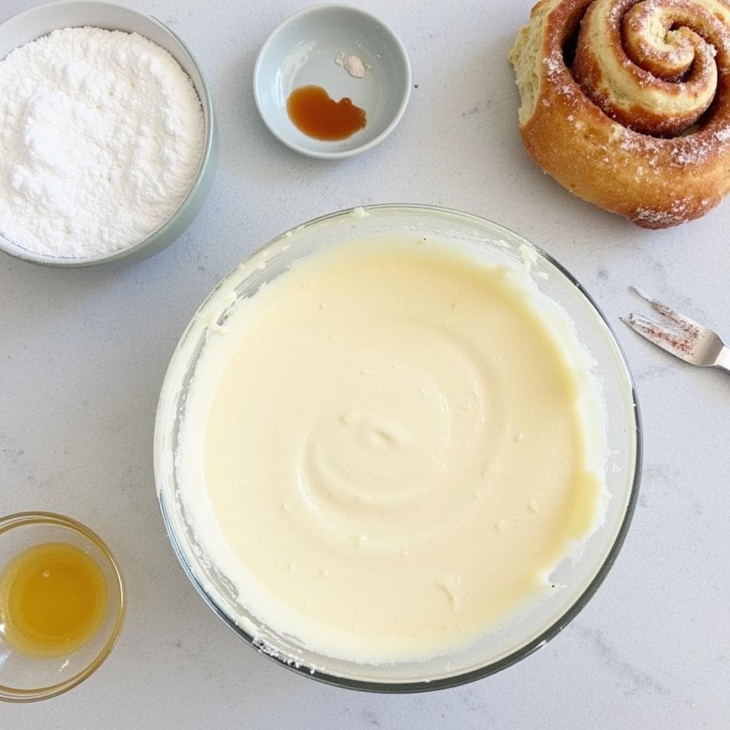 Cream cheese icing in a bowl with ingredients for mini cinnamon rolls.