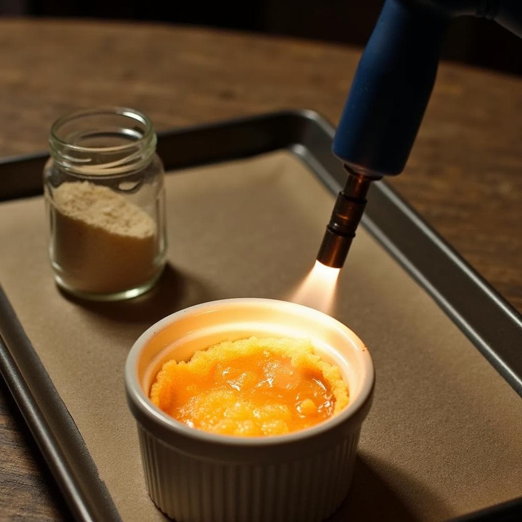 Kitchen torch caramelizing sugar on sweet potato brule in a ramekin.