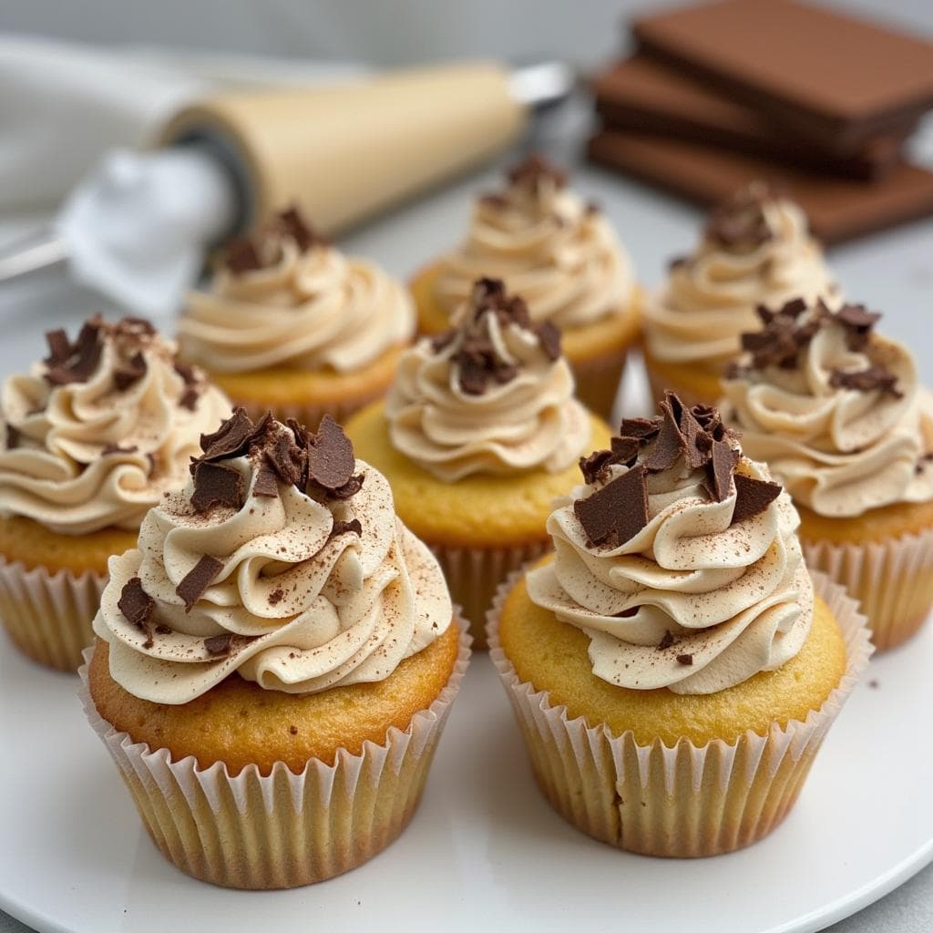 Cupcakes topped with coffee vanilla frosting and chocolate shavings.