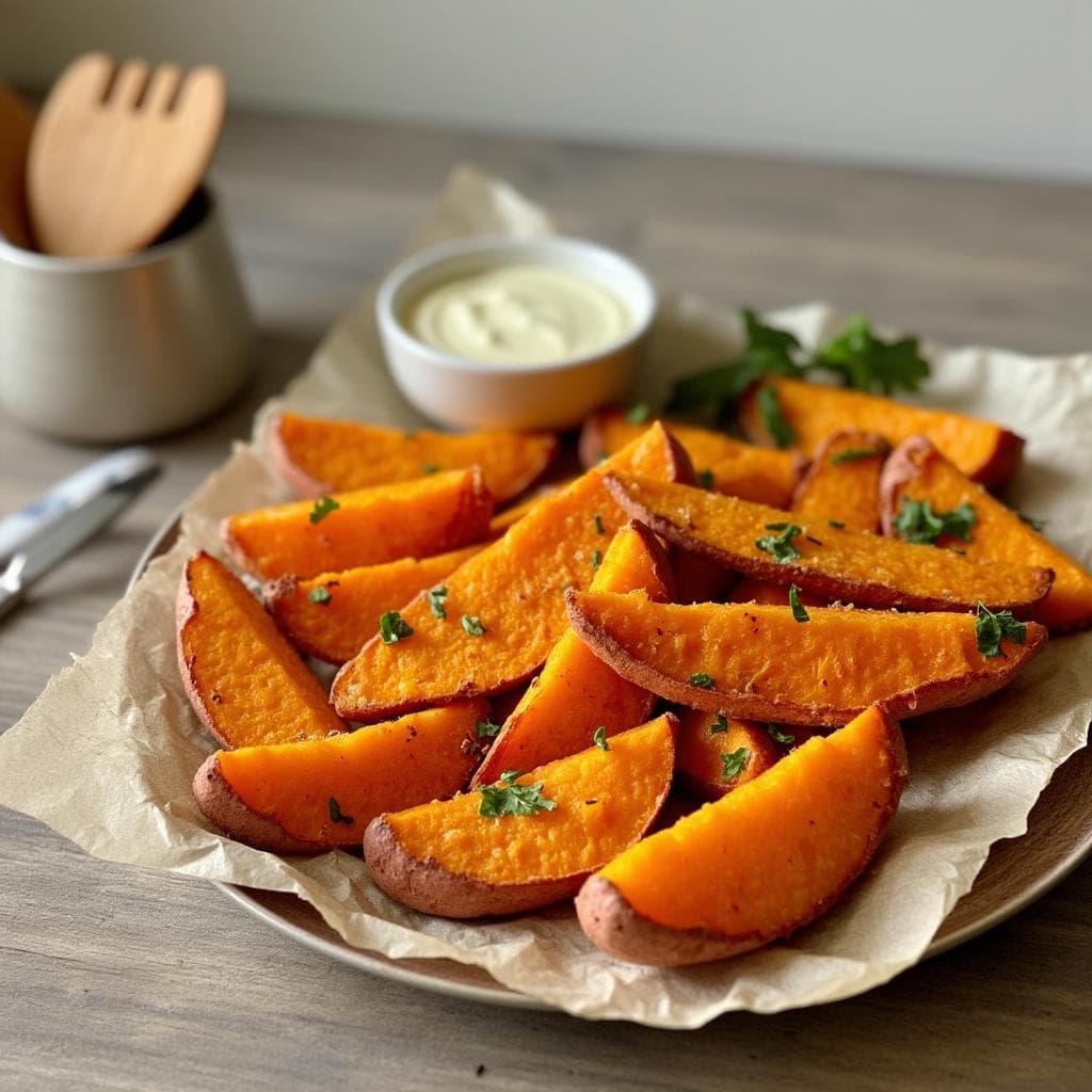 Roasted Murasaki sweet potato wedges with herbs and dipping sauce.