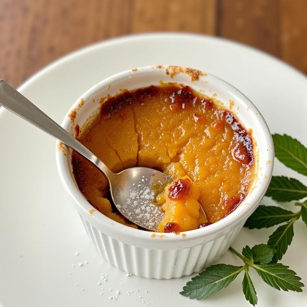 Sweet potato brule with caramelized sugar crust served in a ramekin, garnished with mint.