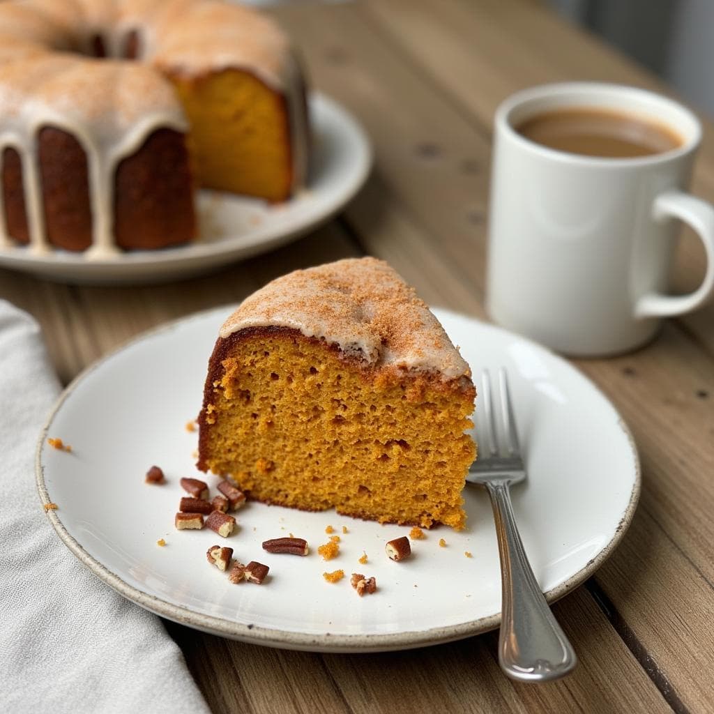 Slice of sweet potato pound cake with cinnamon glaze and pecans.