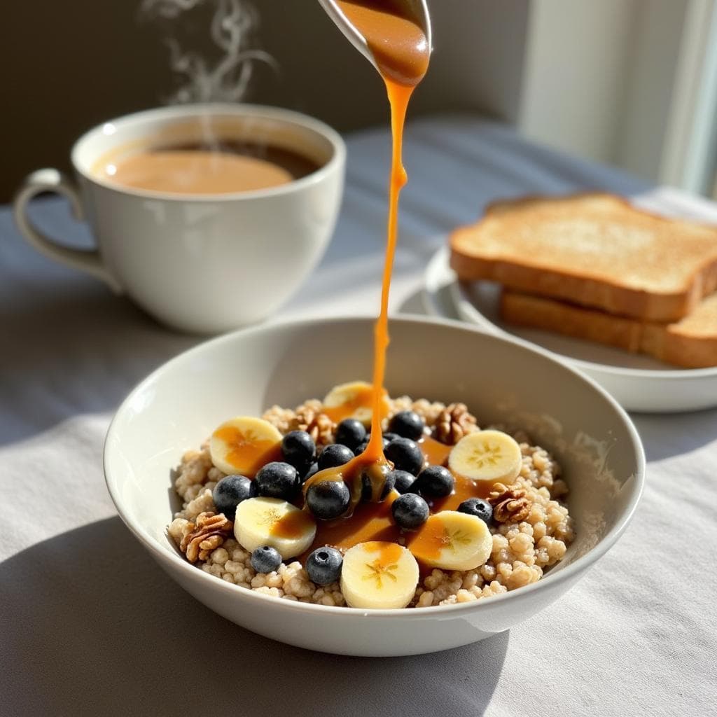 Drizzle of date caramel over oatmeal with banana slices, blueberries, and walnuts