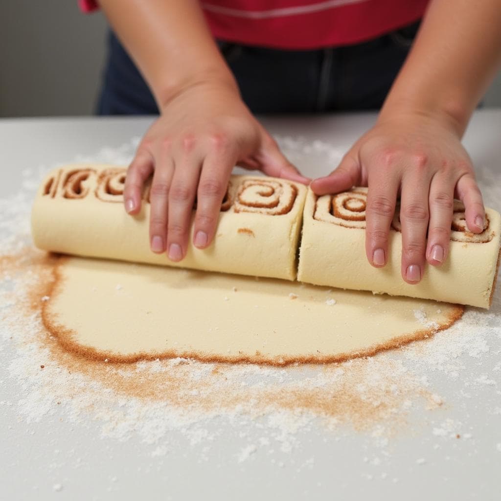 Rolling and slicing mini cinnamon roll dough on a floured surface