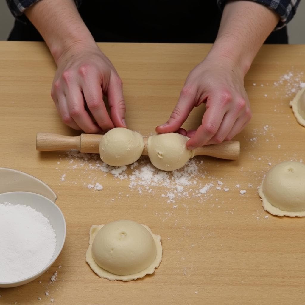 Alt Text: Hands shaping sweet potato dumplings with a rolling pin and starch