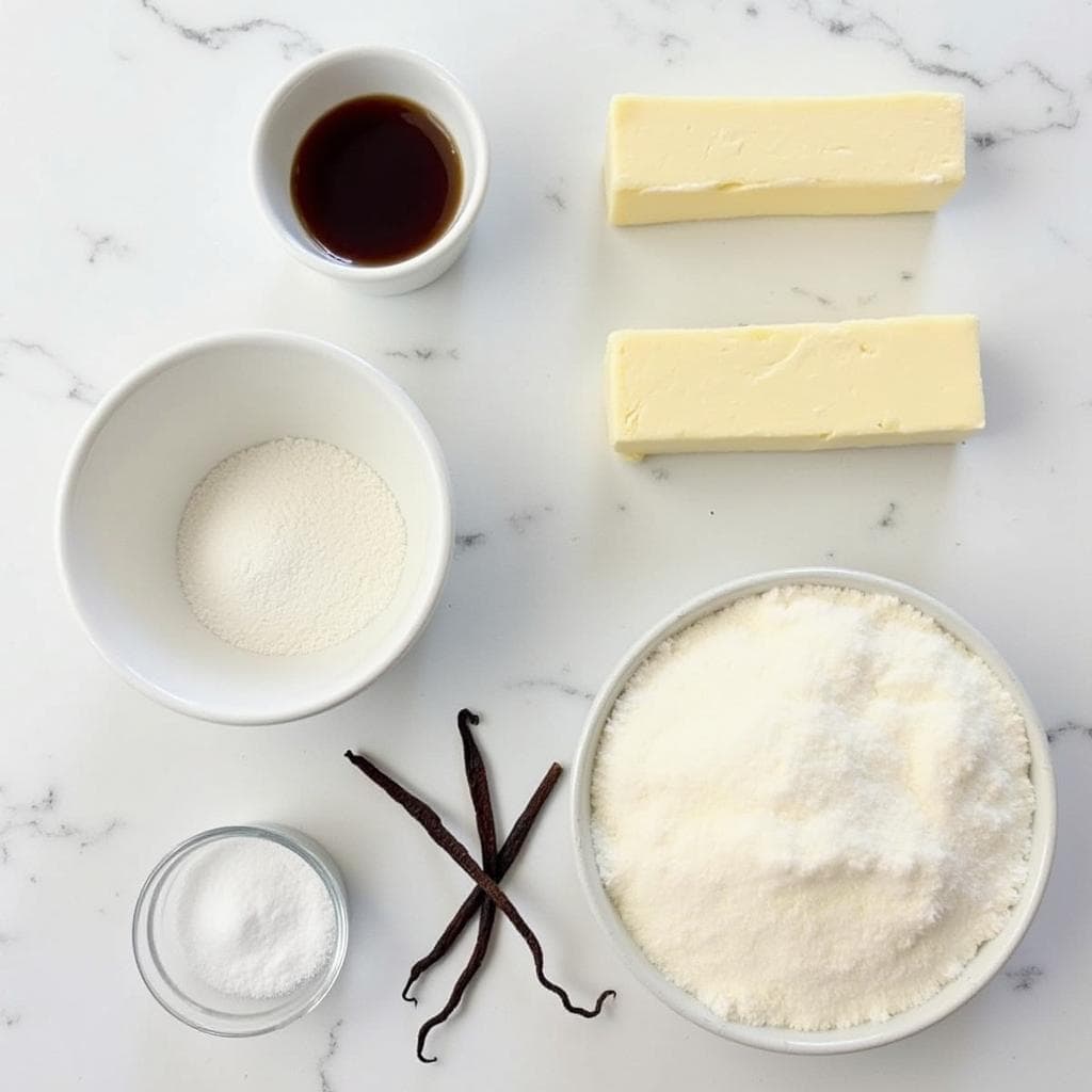 Ingredients for coffee vanilla frosting, including butter, sugar, coffee, and vanilla pods