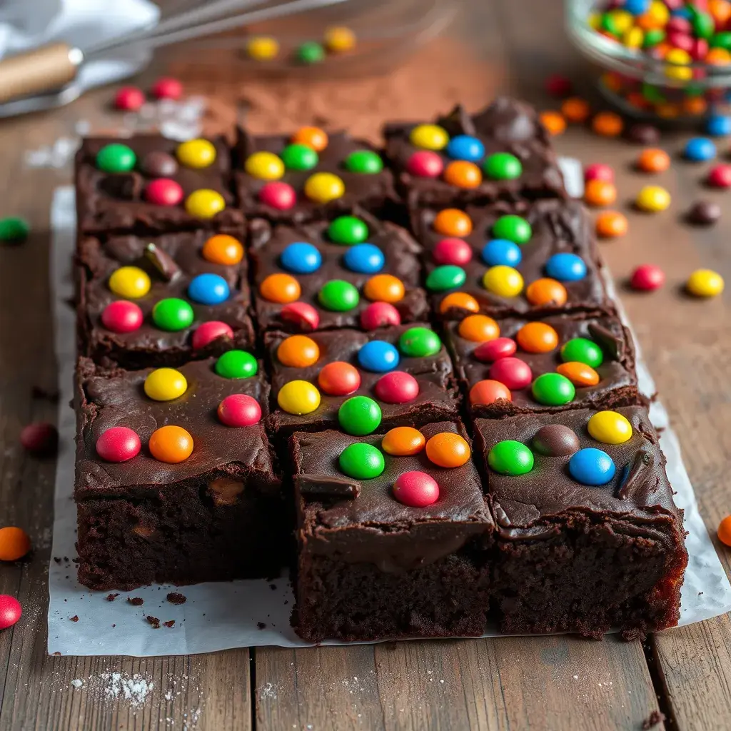 Freshly baked cosmic brownies topped with colorful candy-coated chocolates.