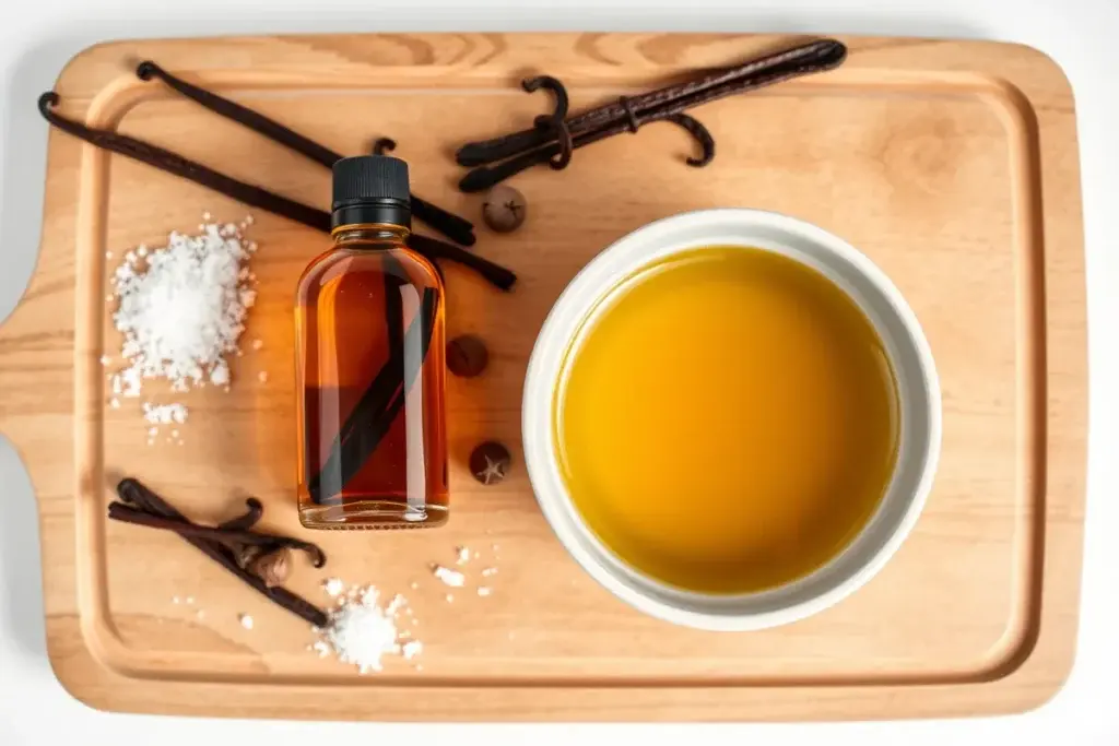 Vanilla extract in a glass bottle next to a bowl of vanilla syrup with vanilla beans and sugar crystals.