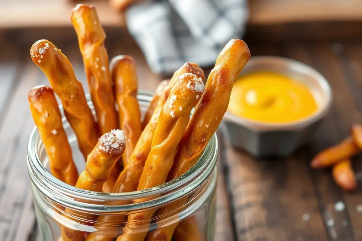 Pretzel sticks in a jar with coarse salt and mustard dip.