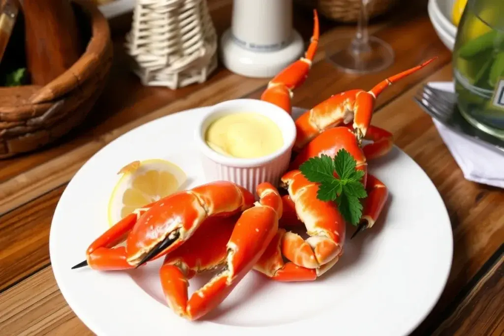 teamed Dungeness crab legs served with drawn butter and lemon wedges.