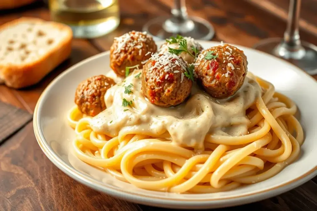 Plate of fettuccine Alfredo with meatballs garnished with Parmesan and parsley.