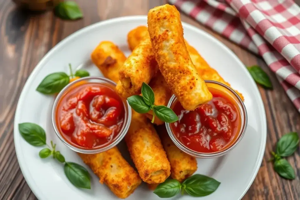 Golden mozzarella sticks with marinara sauce and fresh basil garnish.