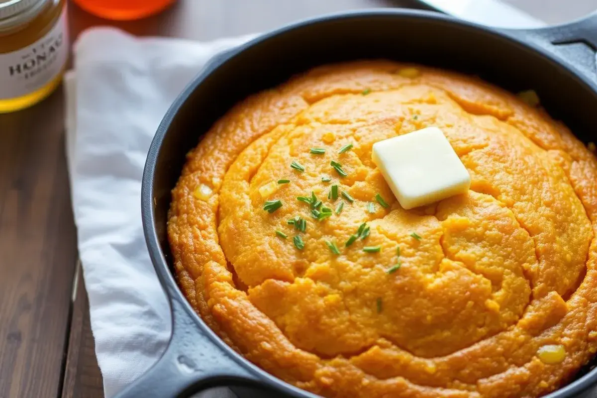 Sweet potato cornbread in a cast-iron skillet with melting butter.