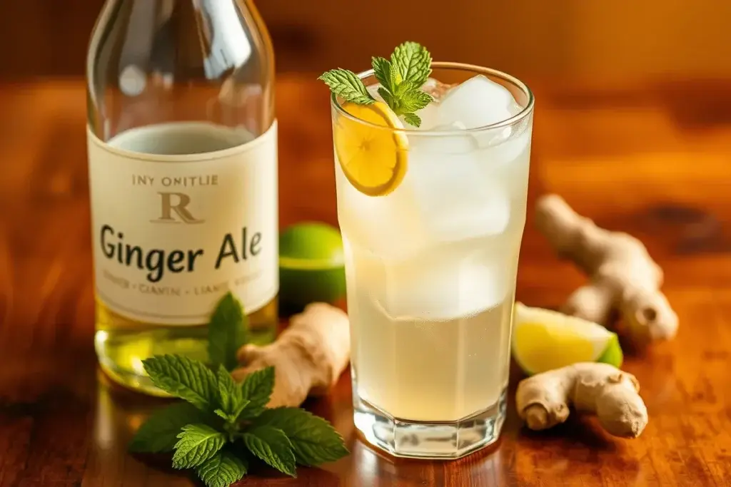 A glass of ginger ale with ice, fresh ginger slices, and mint garnish on a wooden table.