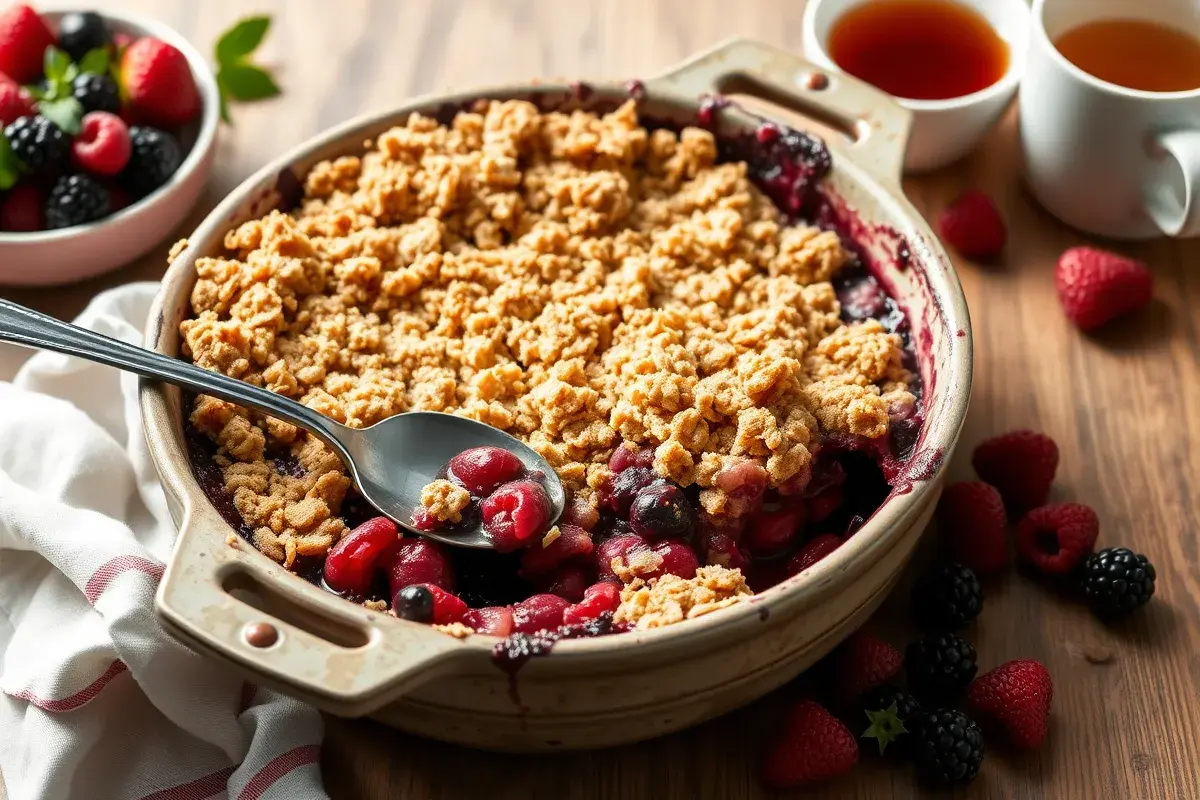 Freshly baked berry crumble in a rustic dish with a serving spoon revealing the fruit filling.