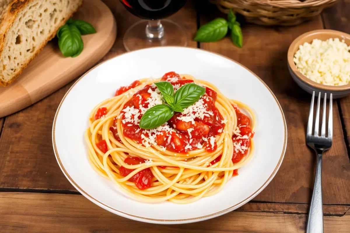 A plate of spaghetti with marinara sauce garnished with fresh basil and Parmesan cheese.