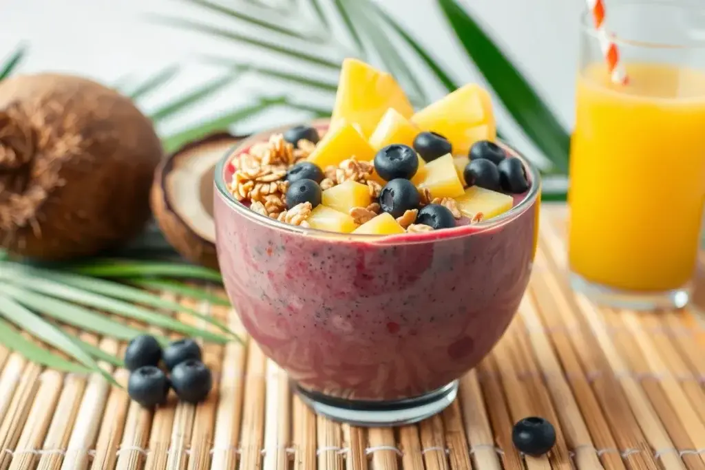 Tropical smoothie acai bowl topped with mango, pineapple, blueberries, and almond butter.