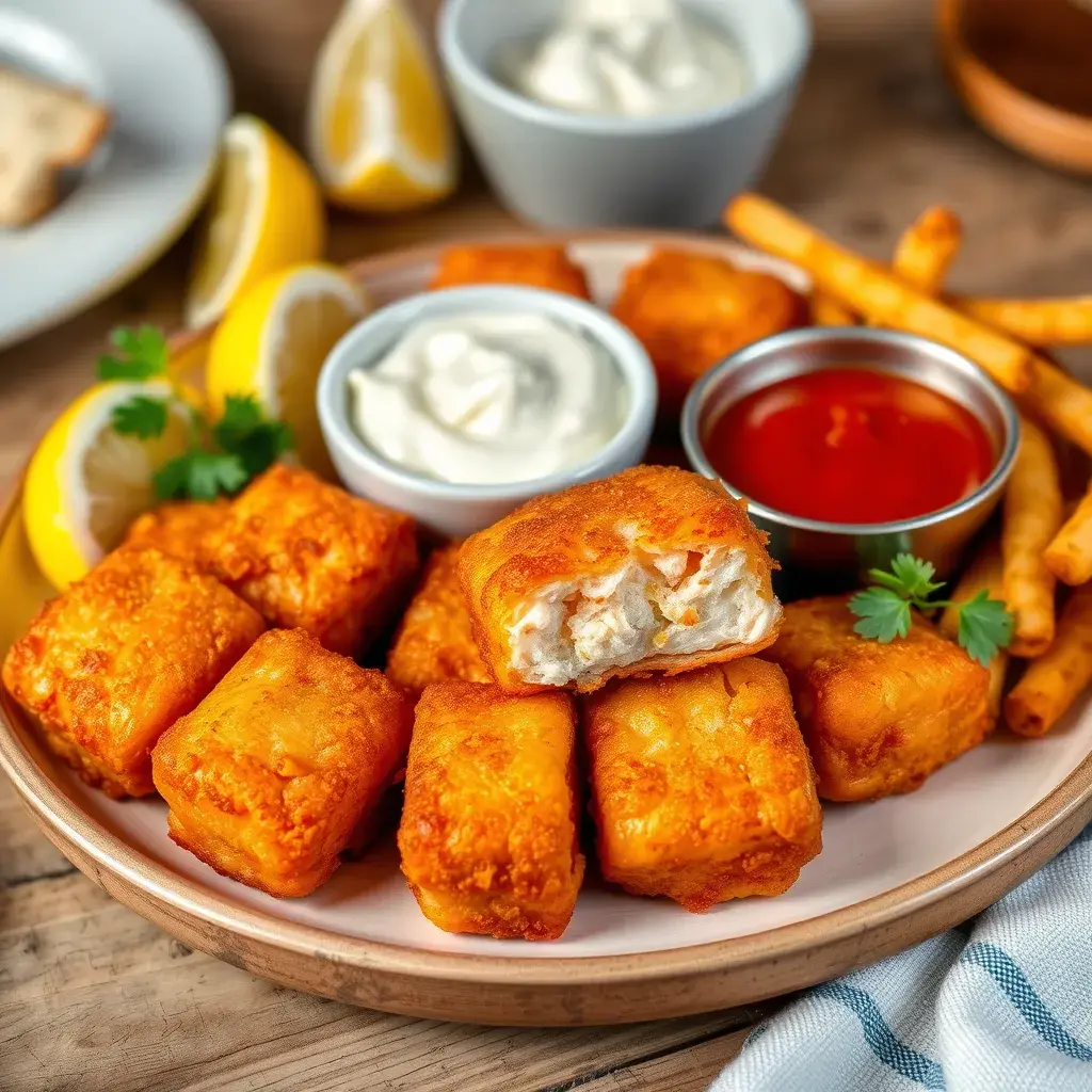 Plate of crispy fried salmon bites with dipping sauces and garnishes.