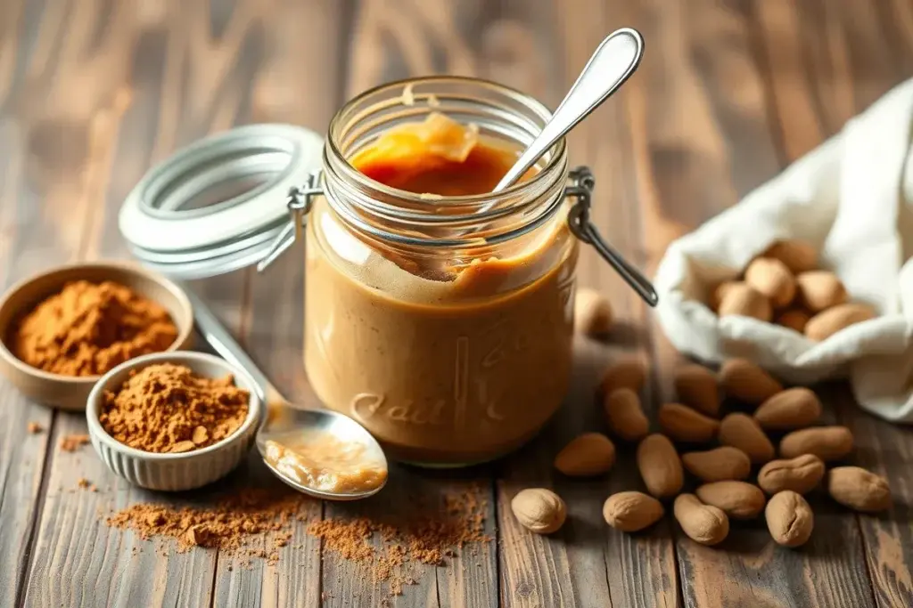 Jar of homemade cinnamon peanut butter with roasted peanuts and cinnamon powder.