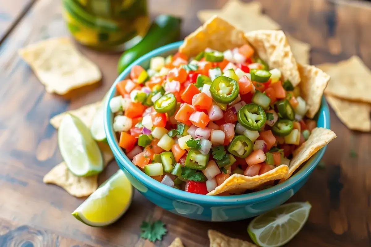 Bowl of Pickle de Gallo surrounded by tortilla chips and lime wedges.