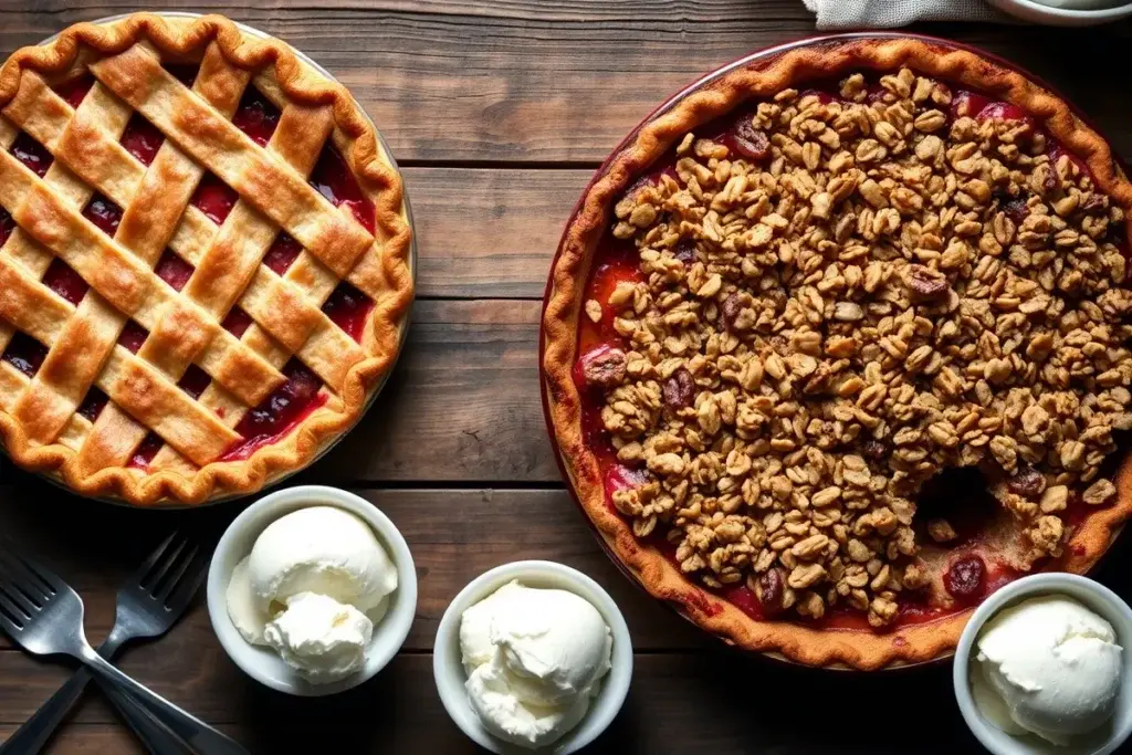 A golden lattice fruit pie and a crisp with oat topping on a rustic wooden table.