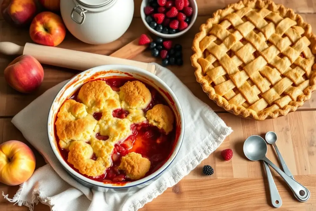 Cobbler with biscuit topping next to a lattice-topped pie, surrounded by fresh fruit and baking tools.