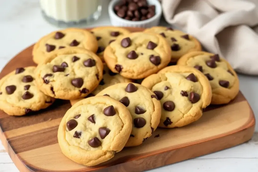 Freshly baked chocolate chip cheesecake cookies on a rustic board.