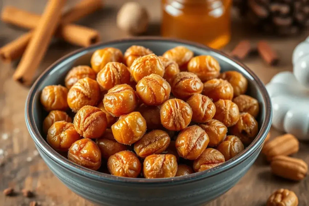 Bowl of mashuga nuts with sugar-spice coating on a rustic table.