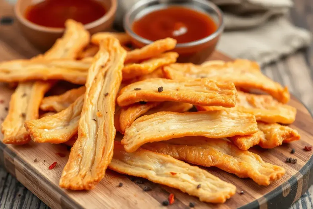 Homemade chicken jerky strips with golden-brown glaze and spices.