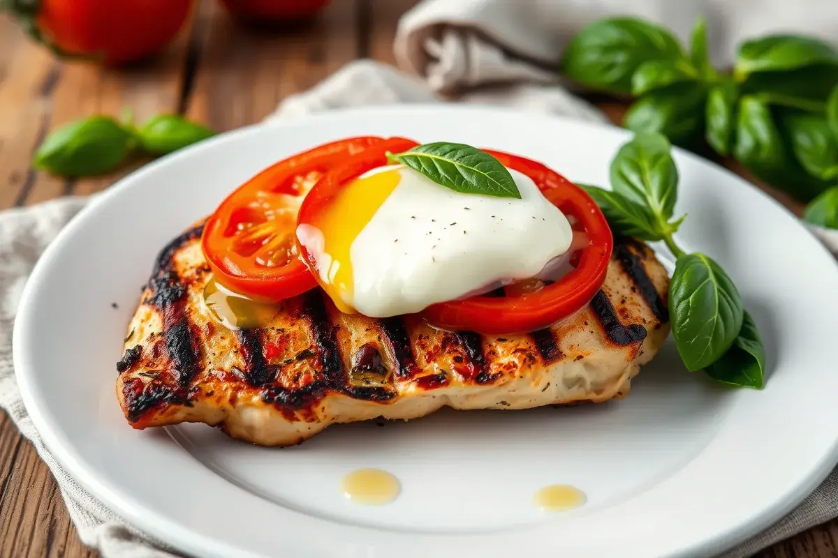 Grilled chicken margherita topped with fresh mozzarella, tomatoes, and basil.