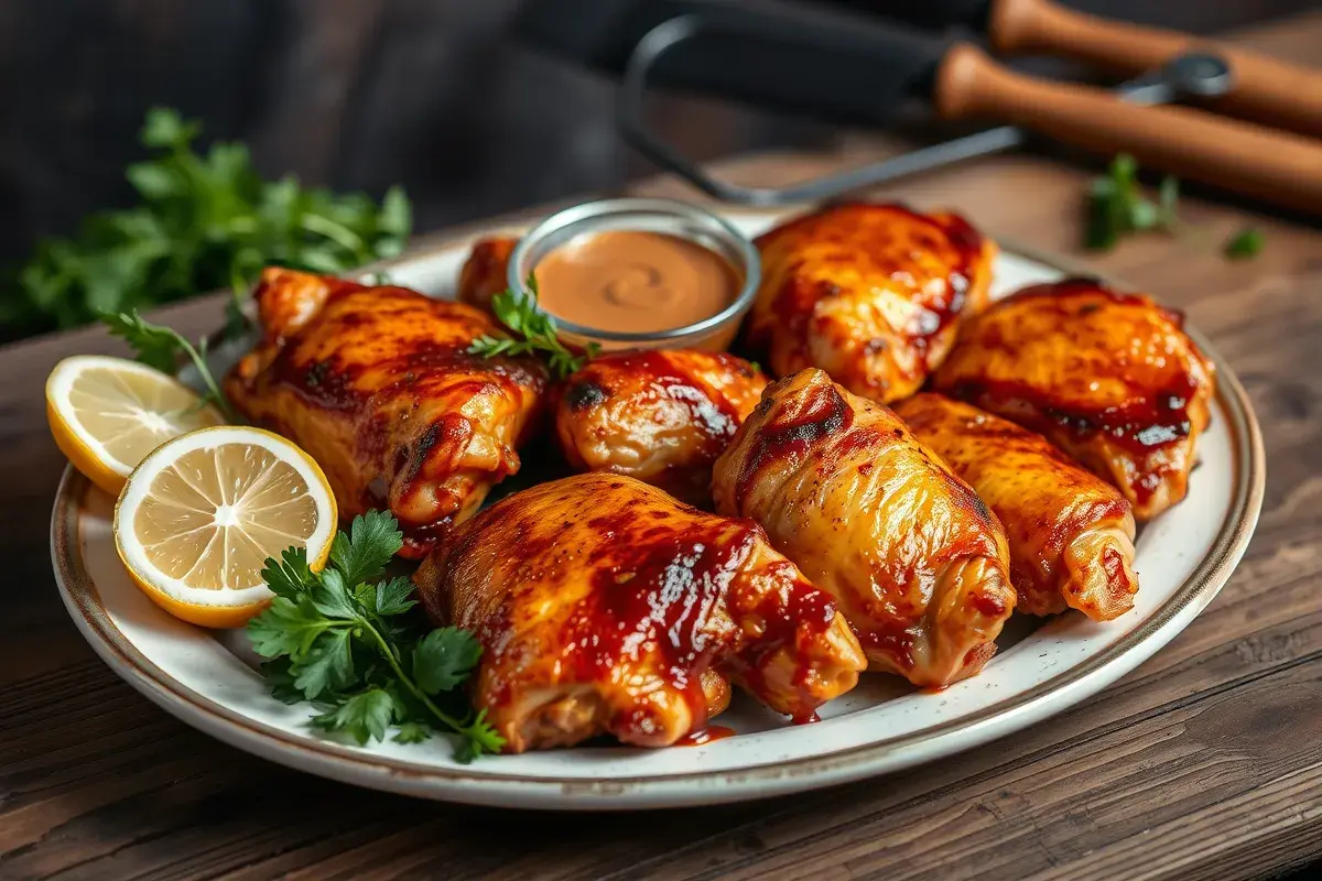 Platter of smoked chicken thighs with crispy skin, garnished with herbs and lemon.