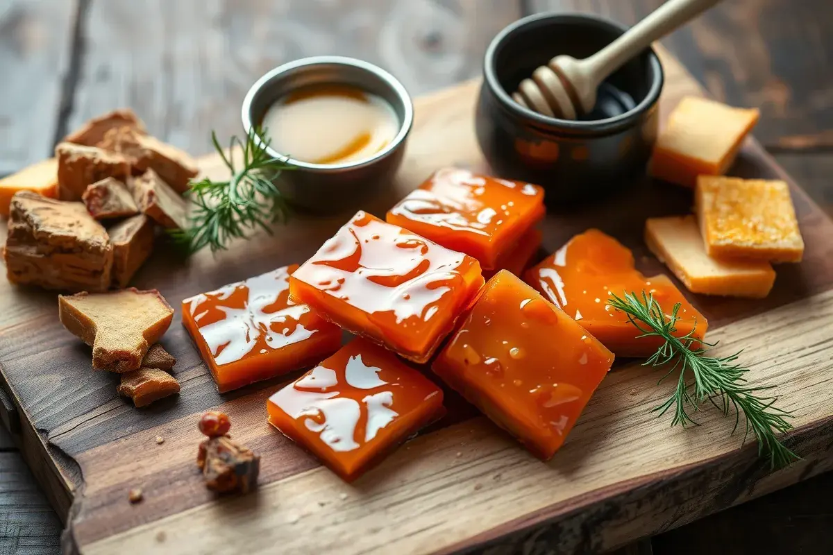 Smoked salmon candy glazed with maple syrup on a rustic wooden board.