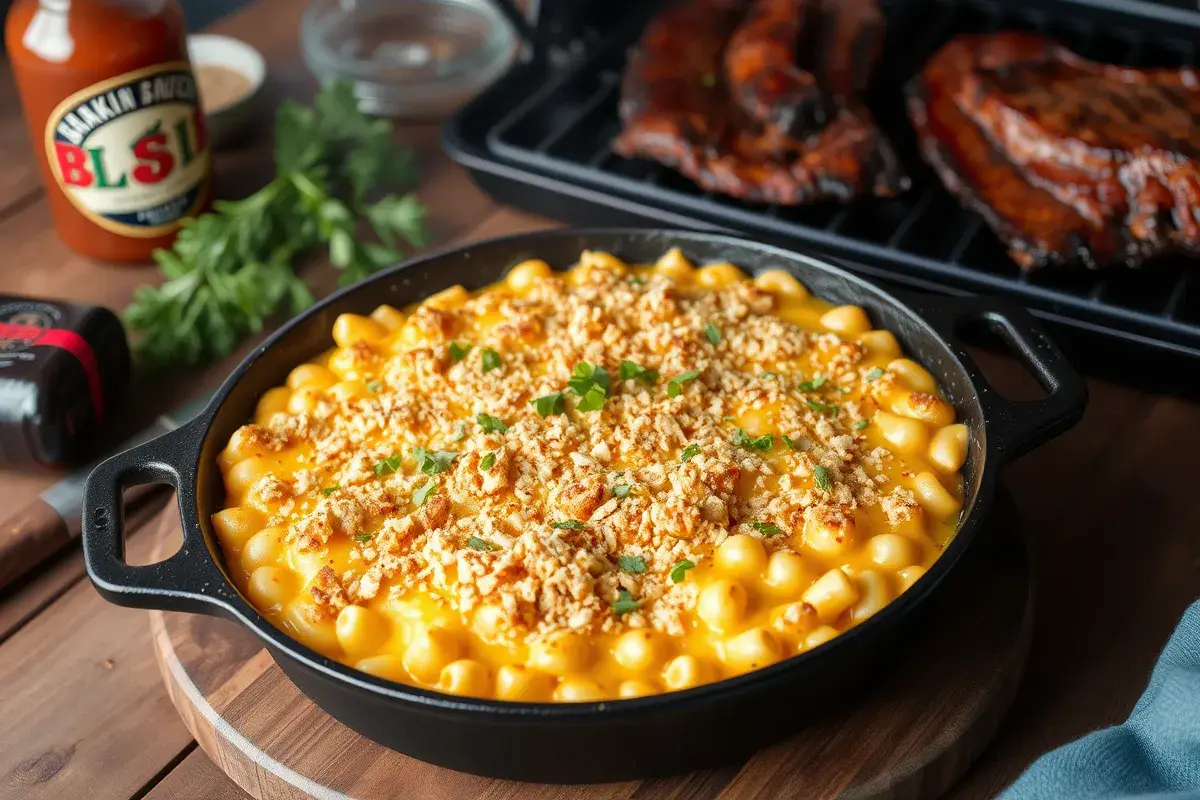 Golden smoked mac n cheese in a cast-iron skillet with crispy breadcrumbs. Title: Smoked Mac n Cheese: A Perfect BBQ Side Dish