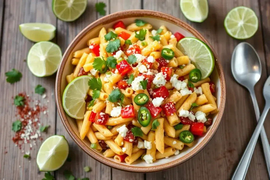 Elote pasta salad in a ceramic bowl with lime wedges, cotija cheese, and chili powder garnish.