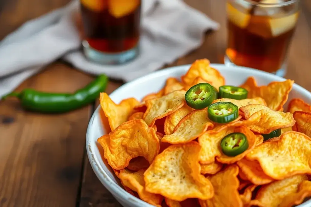 Bowl of crispy jalapeno chips with fresh jalapeno slices on a wooden table.