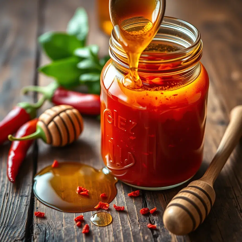 Jar of hot honey sauce with chili flakes and fresh peppers on a rustic table.