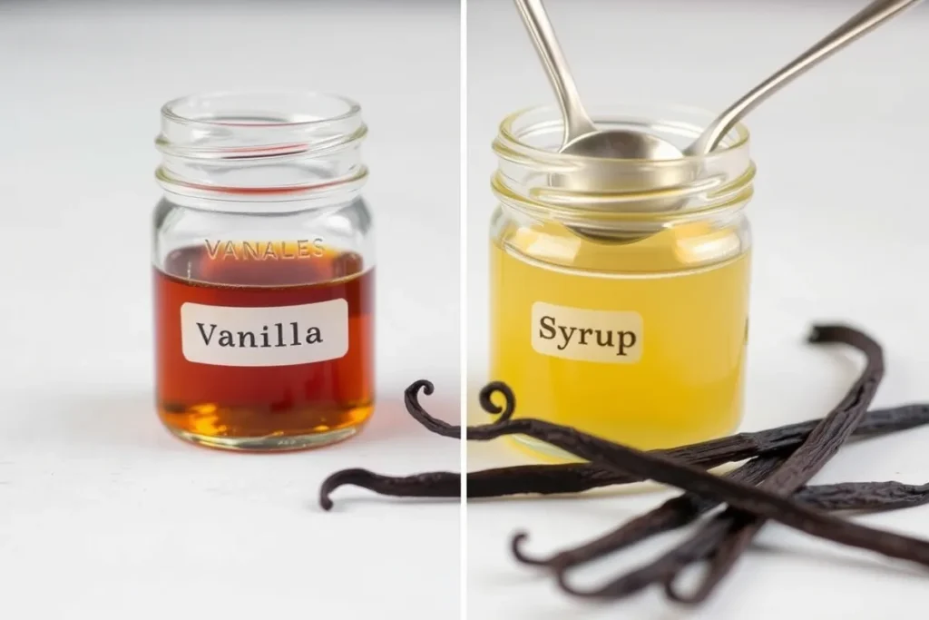 Side-by-side jars of vanilla extract and vanilla syrup with vanilla beans and a spoon.