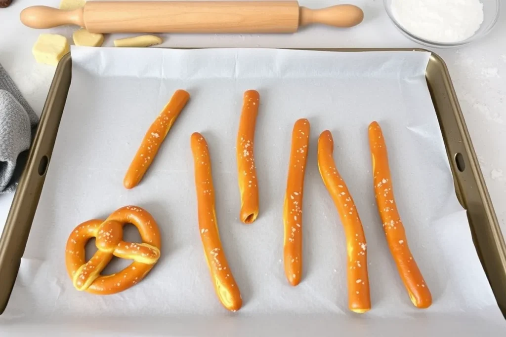 Freshly baked pretzel sticks on a baking sheet with coarse salt.