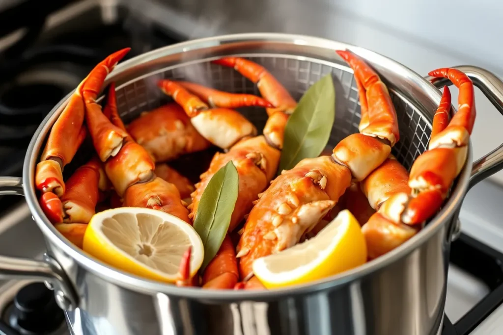 Steaming Dungeness crab legs with lemon slices and bay leaves in a pot.