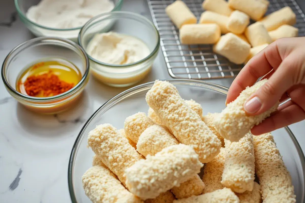 Breading mozzarella sticks with seasoned flour, eggs, and breadcrumbs in a home kitchen.