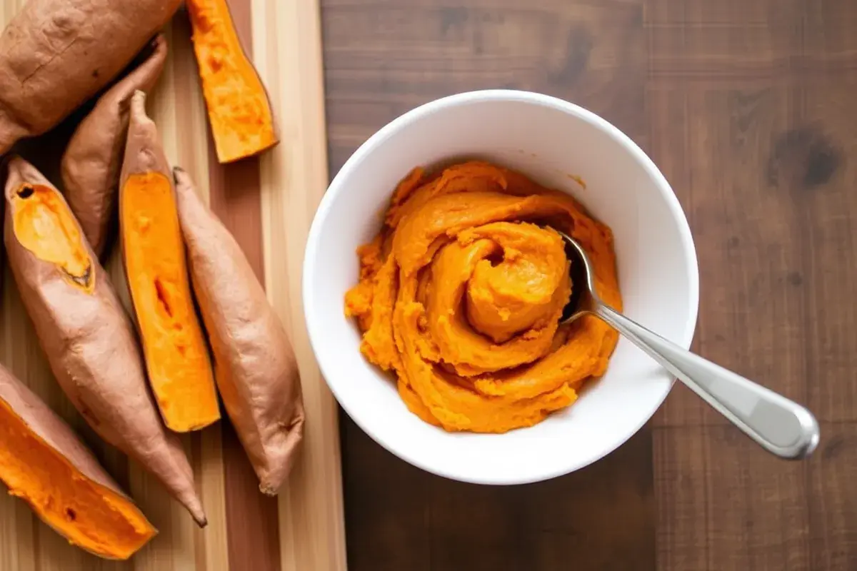 Roasted sweet potatoes and mashed puree for cornbread preparation.