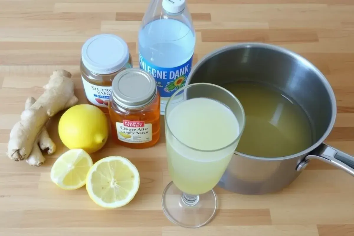 Ingredients for homemade ginger ale with fresh ginger, lemon, honey, sparkling water, and simmering syrup.